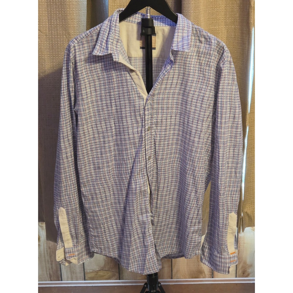 Hugo Boss Orange Plaid Button Up Long Sleeve Shirt Mens Size Large Flip Cuff